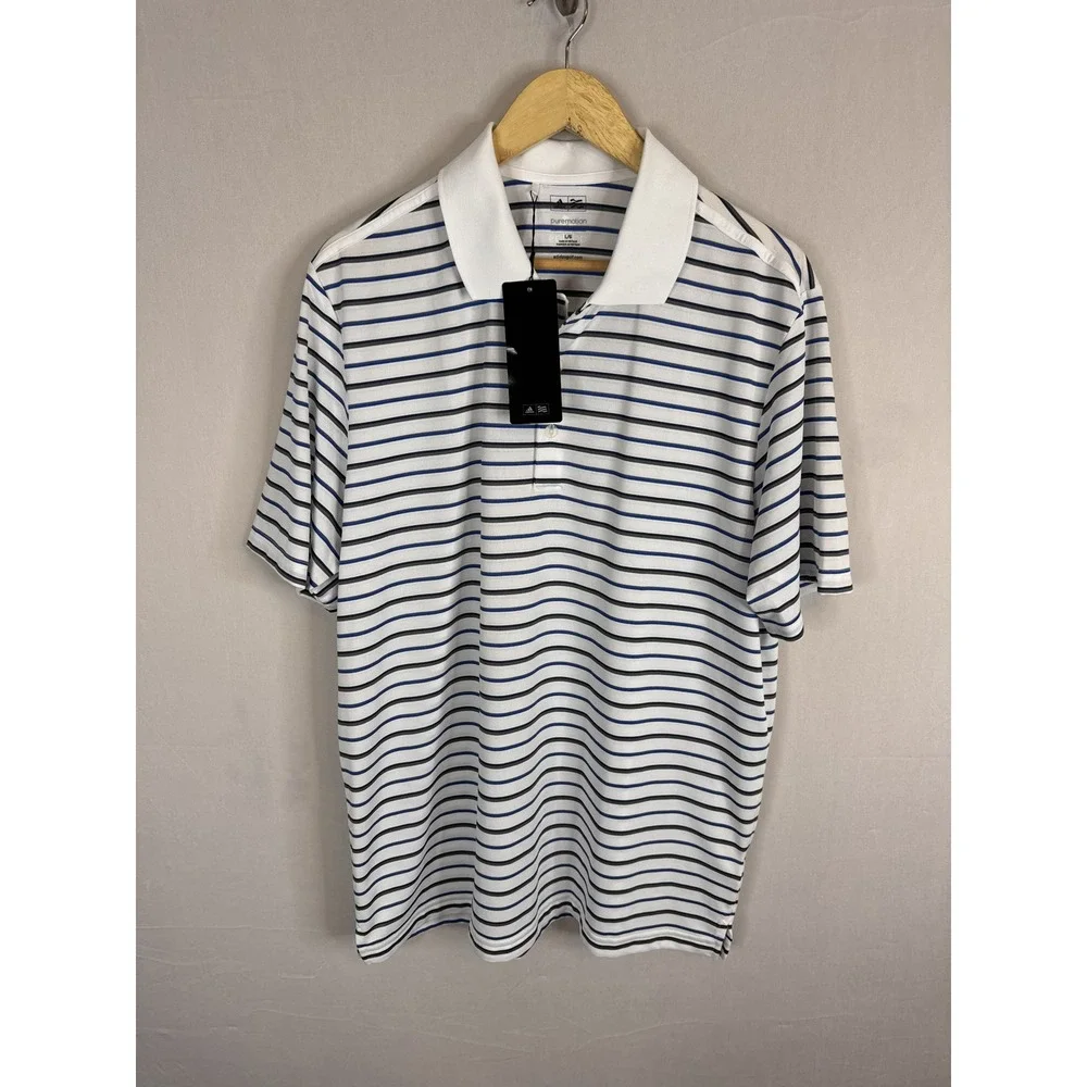 Adidas Golf Puremotion Polo Shirt Mens Large White Blue Striped‎ Z95918 NEW